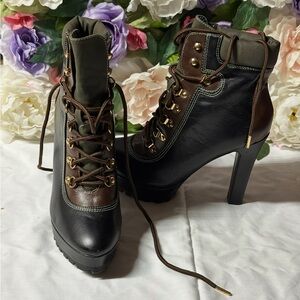 Shoe Dazzle Black and Brown Lace-Up Boots